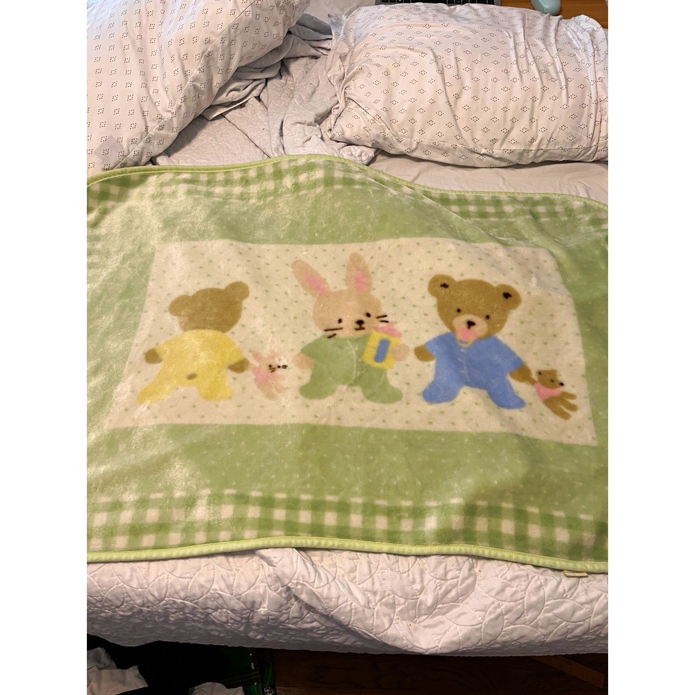 Vintage Carters Hide Seek Bunny Bear Minky Plush Baby Blanket Green Gingham